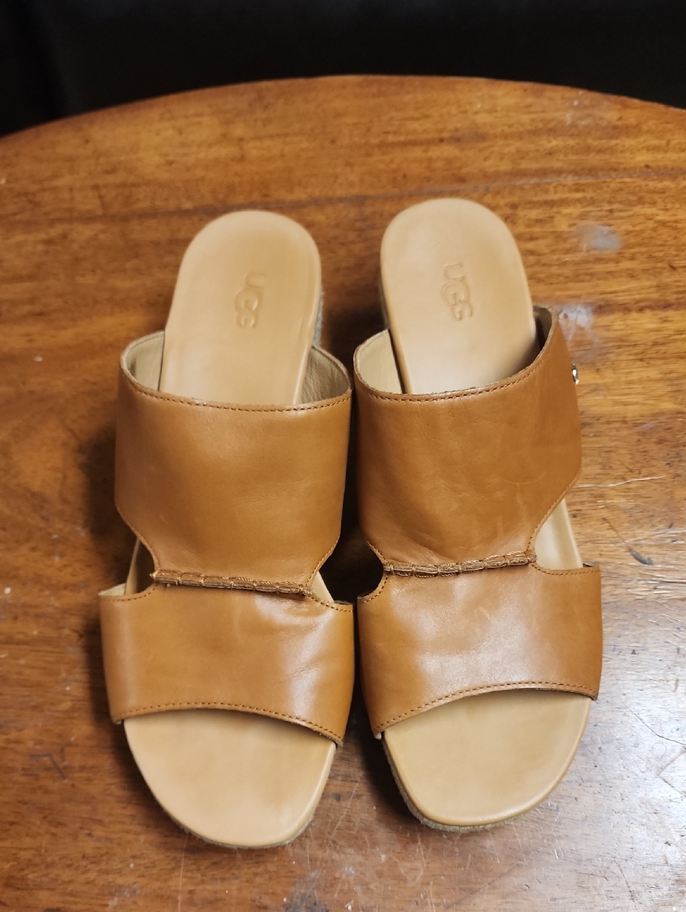 UGG Women's Cognac Leather Double-Band Slide Sandals